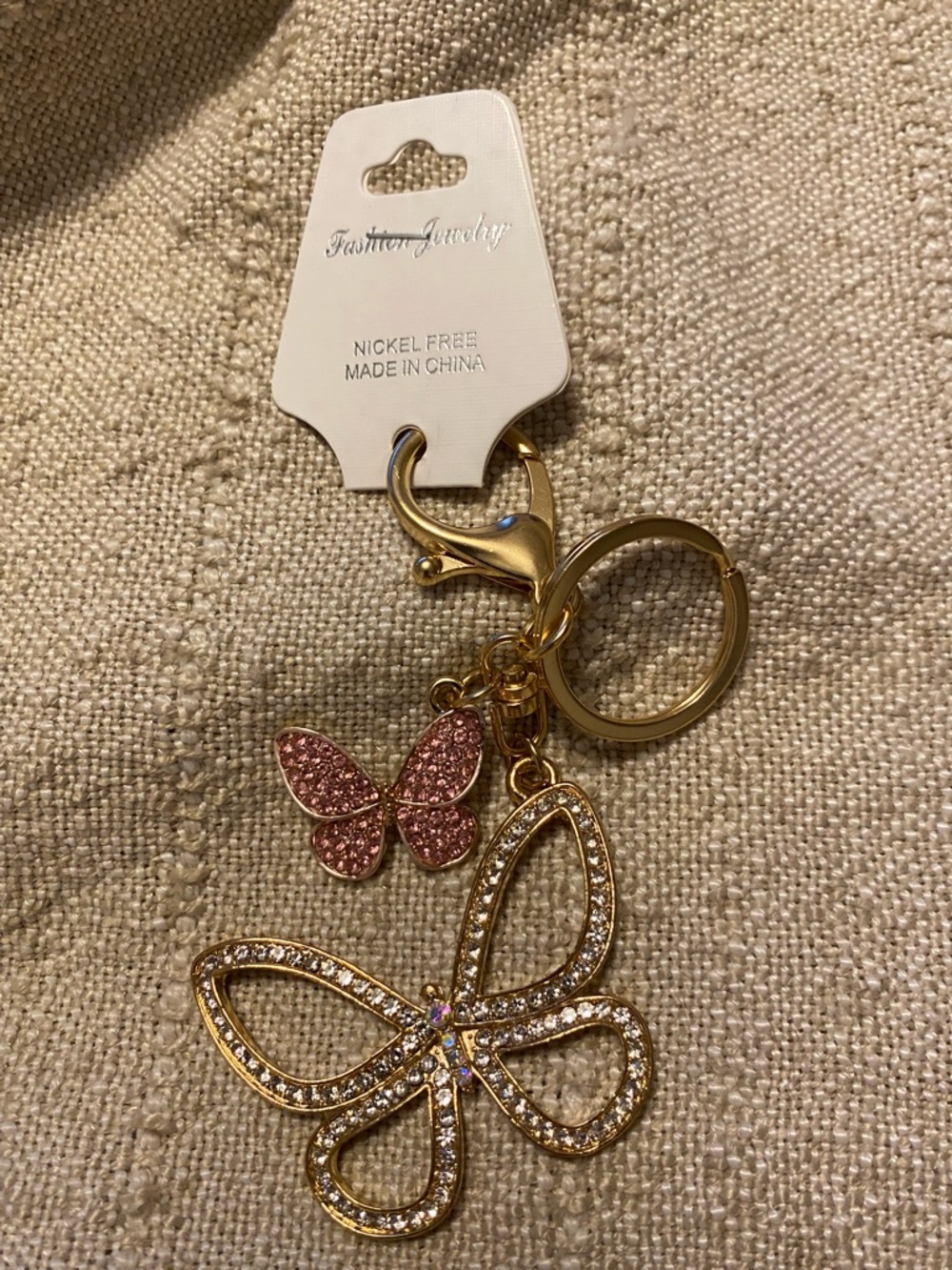 Fashion Jewelry Gold and Pink Crystal Butterfly Keyring Charm